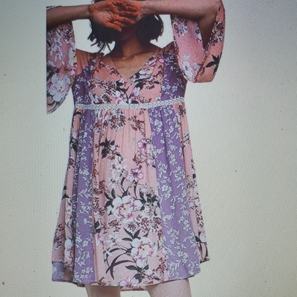 New UMGEE Navy Pink Floral Bell Sleeve Crochet Lace Tunic Top Short Dress XL